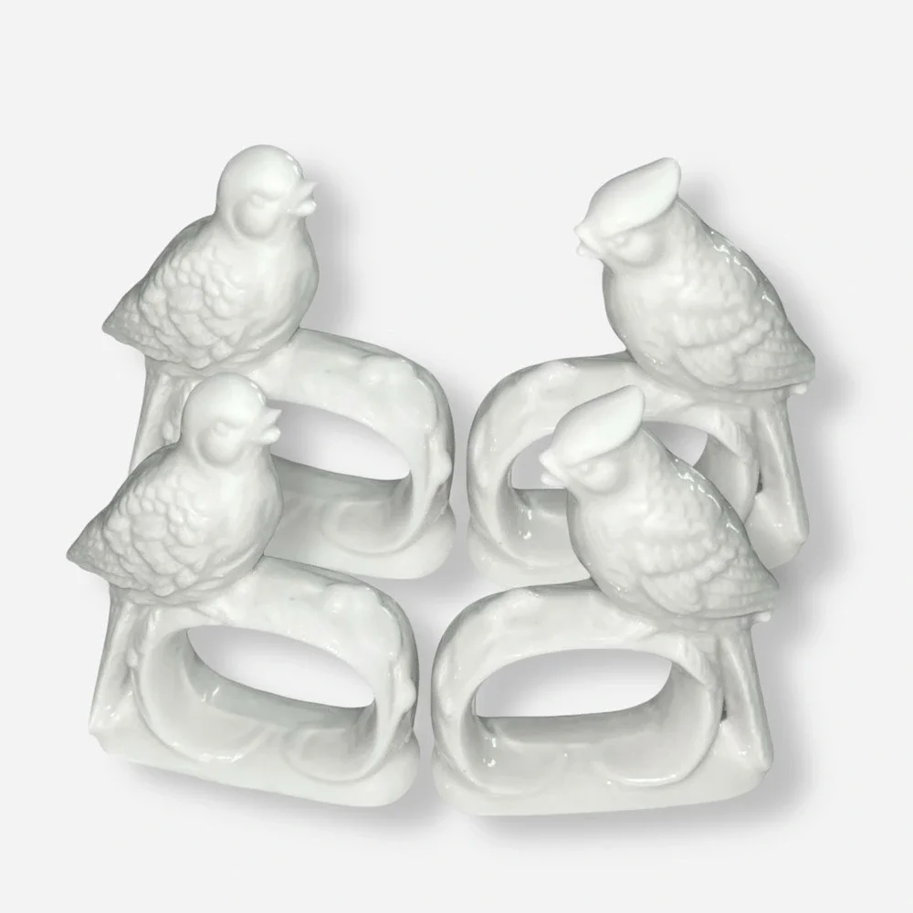 Vintage Ardalt‎ Napkin Ring Holders Birds Set 4 White Farmhouse Porcelain Japan